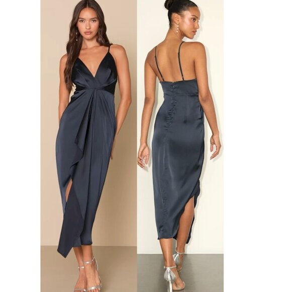 Lulus Dresses & Skirts - Lulus Caught Feelings Navy Blue Satin Ruffled Midi Dress Size Medium NWOT